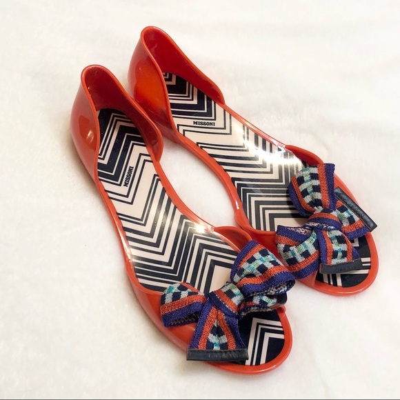 Missoni Orange Red Bow Jelly Flat Peep Toe Sandal Women Size 40 Flawed - Picture 3 of 11